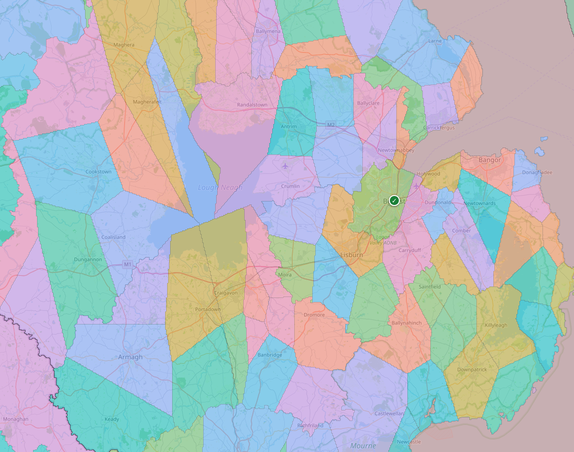 Showing the cities of Northern Ireland, where the OSM info doesn't contain city boundaries for a lof of cities Showing the cities of Northern Ireland, where the OSM info doesn't contain city boundaries for a lof of cities